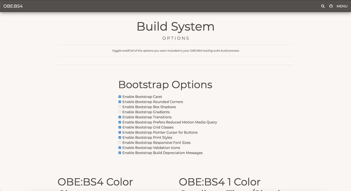 OBE:BS4 Bootstrap Options Settings Page Screengrab